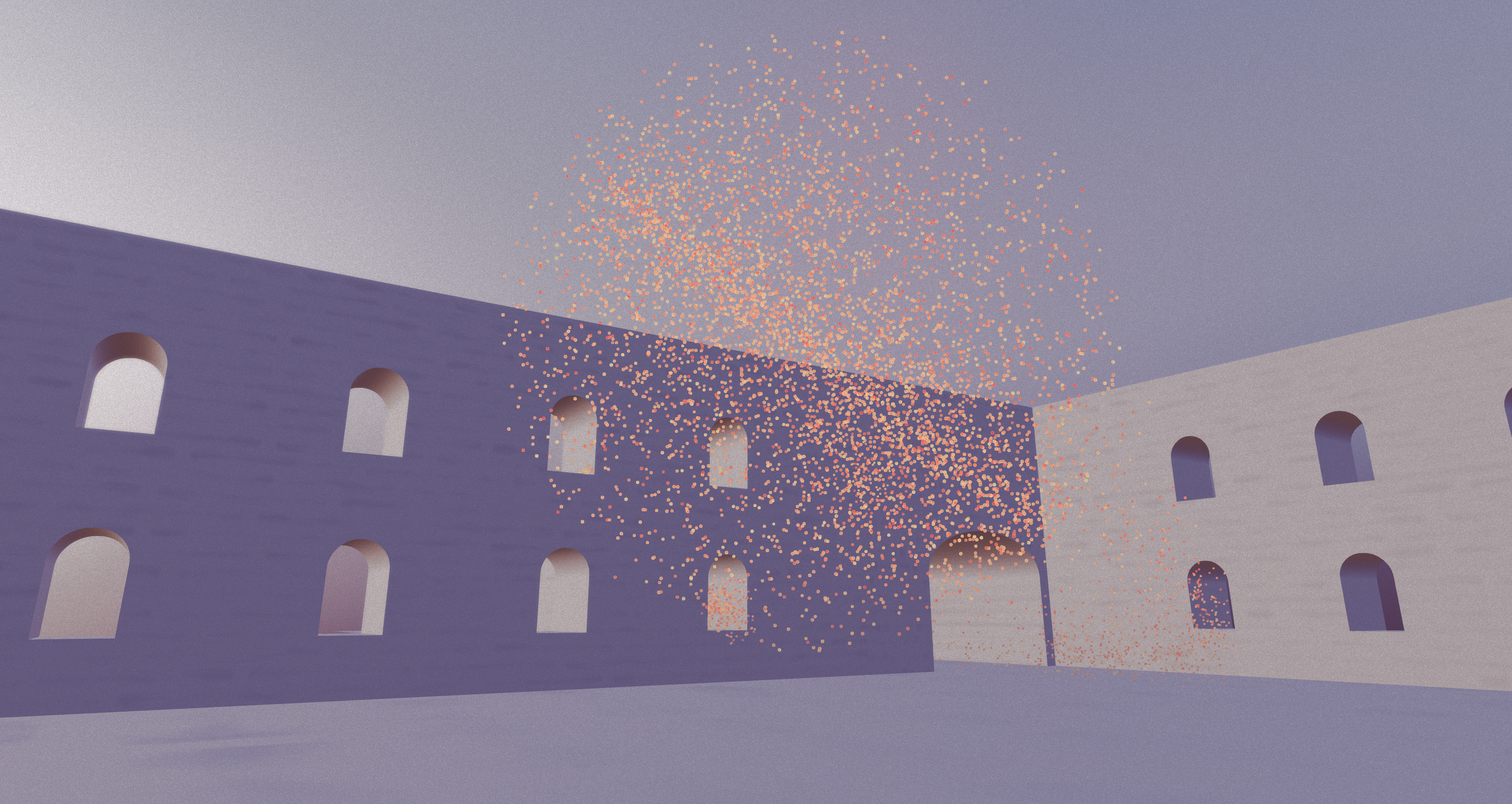 Particles flowing around Goat Farm-inspired virtual architecture.